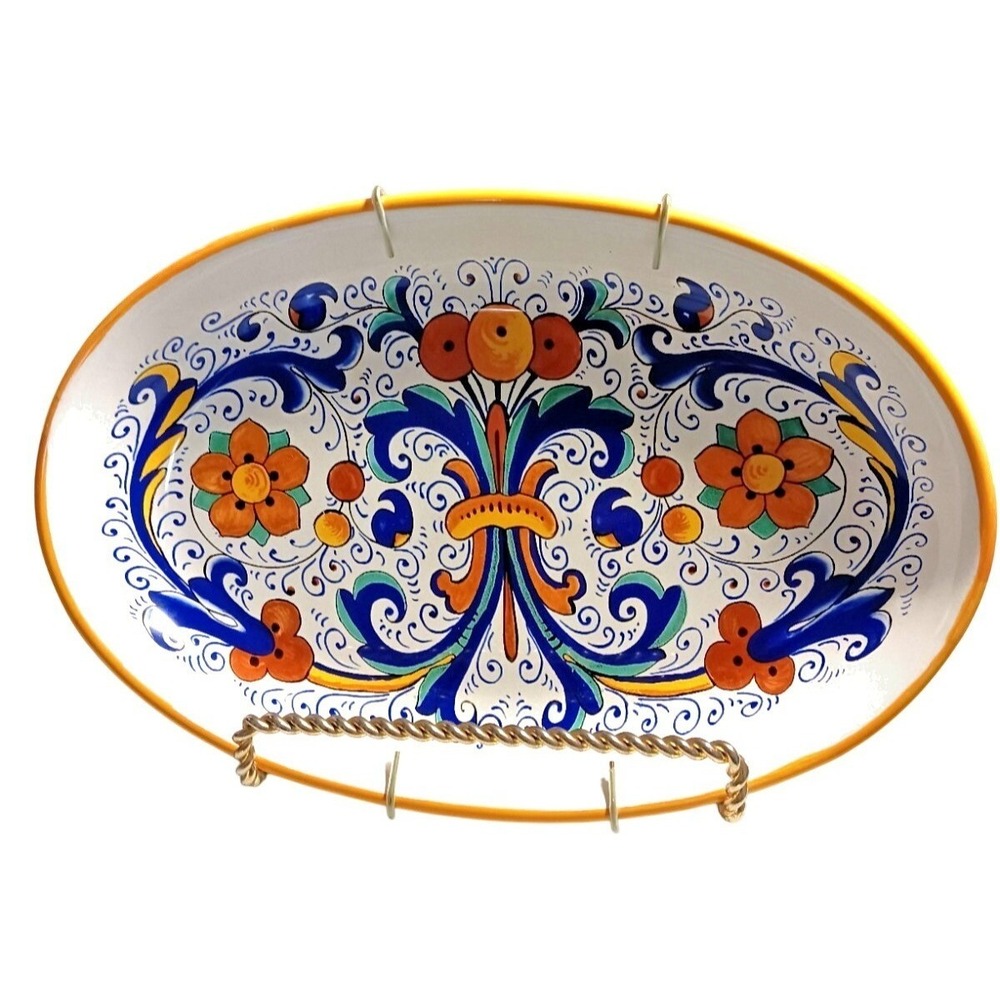 Ceramica Nova Deruta Italian Oval Hand-Painted Decorative Plate Floral Design